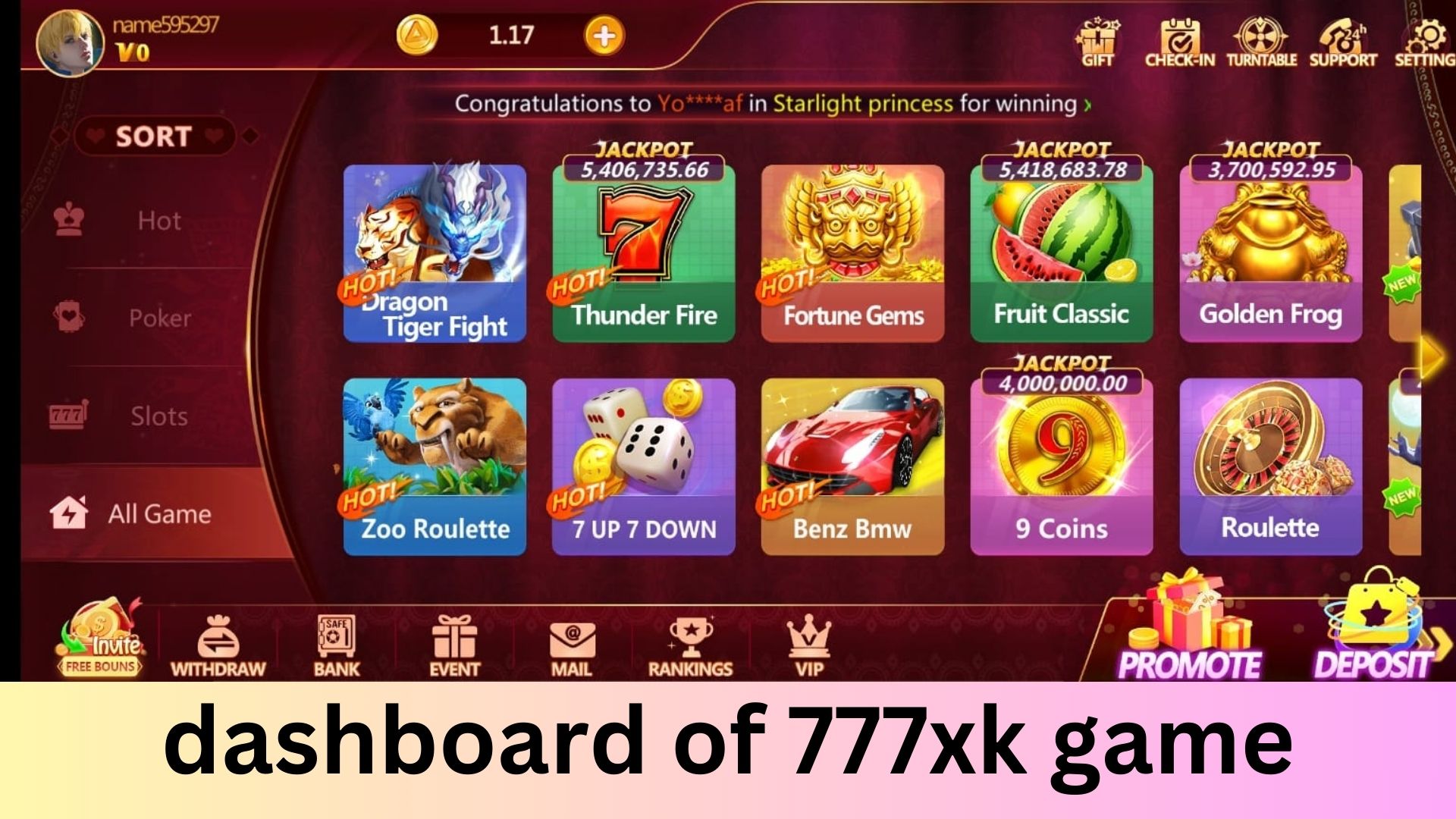 dashboard of 777xk game